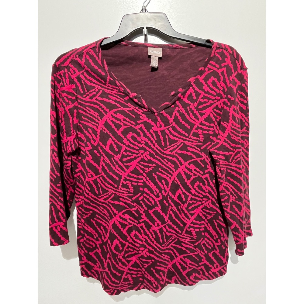 Chico's Women Size 2 Large Pink Burgundy Abstract Geometric 3/4 Sleeve Knit Top
